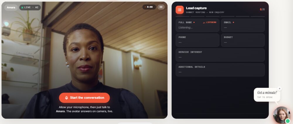 A lifelike AI receptionist avatar that greets website visitors, answers their questions and books appointments